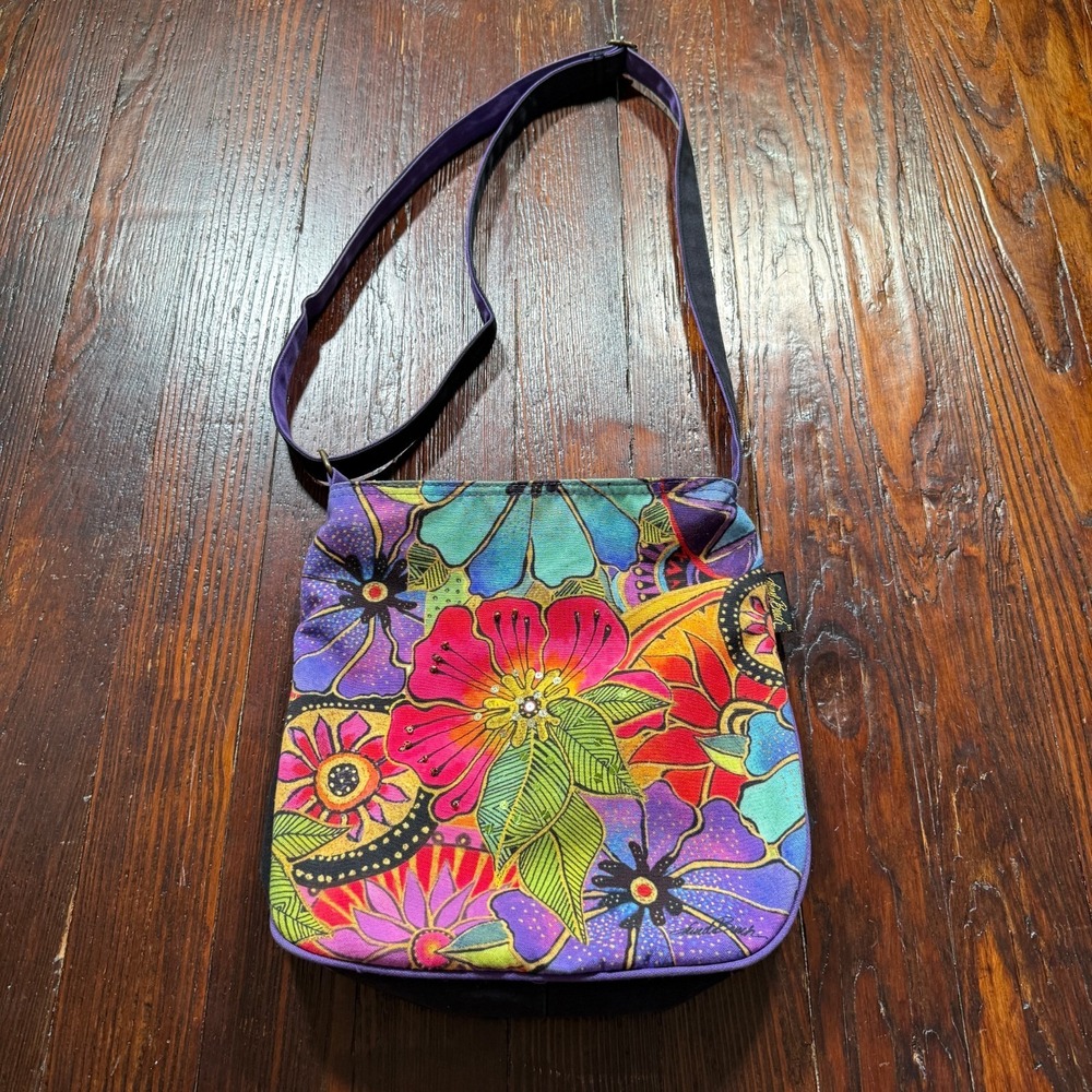Laurel Burch‎ Purse Canvas Bag Crossbody Floral Beaded Zip Boho